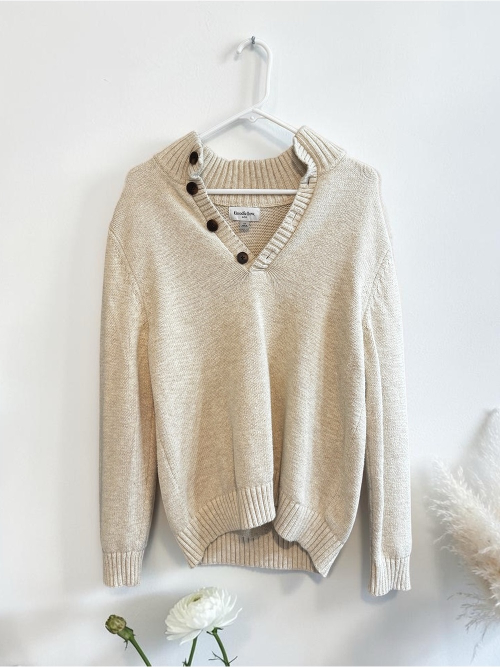 Goodfellow & Co Men’s Cream Button-Detail V-Neck Sweater
